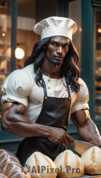 solo,long hair,looking at viewer,smile,shirt,black hair,1boy,hat,holding,brown eyes,white shirt,short sleeves,male focus,food,teeth,indoors,dark skin,grin,blurry,black eyes,apron,muscular,buttons,blurry background,facial hair,white headwear,dark-skinned male,muscular male,beard,veins,realistic,manly,bread,biceps,shop,chef hat,black apron,chef,standing,parted lips,mole,mole under eye,kitchen,onion