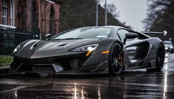A stunning motor vehicle within a beautiful rainy outdoors