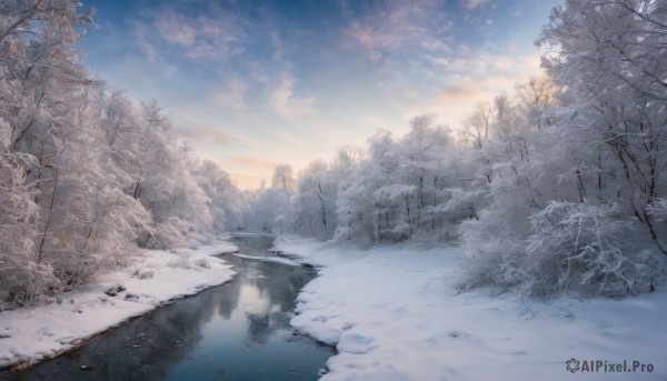 outdoors, sky, day, cloud, water, tree, blue sky, no humans, cloudy sky, nature, scenery, snow, forest, reflection, winter, bare tree