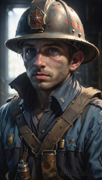 solo,looking at viewer,short hair,blue eyes,blonde hair,brown hair,shirt,1boy,hat,jewelry,closed mouth,jacket,upper body,male focus,collared shirt,necklace,blurry,uniform,lips,military,blurry background,facial hair,helmet,beard,realistic,stubble,dirty,soldier,dirty face,belt,freckles,mustache,manly,grenade,bandolier