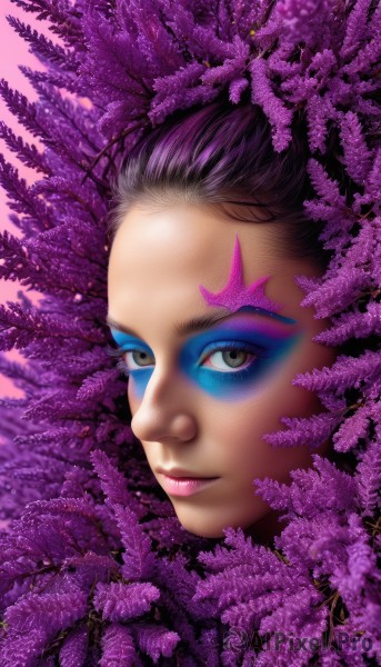 1girl,solo,looking at viewer,black hair,brown eyes,closed mouth,flower,dark skin,dark-skinned female,lips,eyelashes,makeup,facial mark,lipstick,portrait,eyeshadow,pink lips,nose,eyeliner,facepaint,hair pulled back,mascara,purple eyeshadow,short hair,purple hair,realistic,purple flower,wisteria