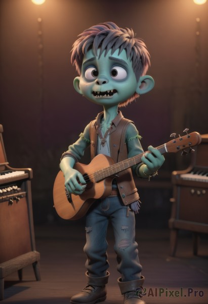 solo,short hair,open mouth,shirt,black hair,1boy,holding,jewelry,standing,full body,male focus,boots,teeth,pants,indoors,necklace,vest,torn clothes,colored skin,denim,sharp teeth,instrument,jeans,blue skin,music,guitar,green skin,playing instrument,holding instrument,electric guitar,zombie,brown vest,torn pants,drum,stage,stage lights,goblin,brown hair,jacket,shoes,collared shirt,black eyes,brown footwear,blue pants,stitches,piano,torn jeans,grand piano