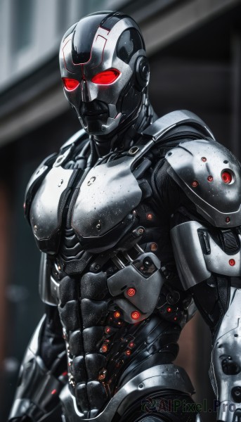 solo,red eyes,1boy,upper body,weapon,male focus,armor,blurry,blurry background,glowing,helmet,robot,glowing eyes,science fiction,cyborg,power armor,looking at viewer,gun,mask,realistic,android