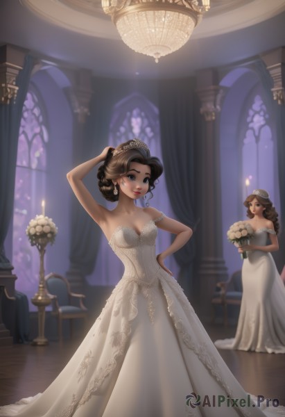 long hair,breasts,looking at viewer,smile,blue eyes,multiple girls,brown hair,dress,holding,2girls,cleavage,bare shoulders,jewelry,medium breasts,standing,collarbone,braid,flower,earrings,artist name,indoors,armpits,hair bun,white dress,blurry,arm up,hand on hip,window,strapless,makeup,chair,single hair bun,tiara,white flower,sisters,veil,strapless dress,reflection,mirror,bouquet,wedding dress,long dress,candle,bridal veil,holding bouquet,bride,wedding,updo,church,gown,candlestand,chandelier,hair ornament,closed mouth,solo focus,lips,depth of field,watermark,table,lipstick,web address,curly hair,hand in own hair,red lips