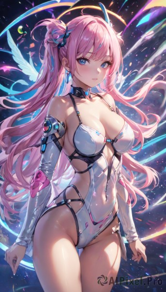 1girl,solo,long hair,breasts,looking at viewer,blush,bangs,blue eyes,large breasts,hair ornament,long sleeves,cleavage,bare shoulders,jewelry,medium breasts,very long hair,closed mouth,standing,collarbone,pink hair,sidelocks,thighs,multicolored hair,cowboy shot,earrings,detached sleeves,wings,choker,shiny,hair bun,leotard,streaked hair,groin,double bun,covered navel,highleg,halo,thigh gap,revealing clothes,skin tight,highleg leotard,angel wings,white leotard,parted lips,lips,shiny skin,skindentation,detached collar,ass visible through thighs