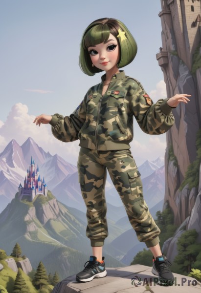 1girl,solo,looking at viewer,smile,short hair,bangs,black hair,hair ornament,long sleeves,jewelry,closed mouth,standing,jacket,full body,multicolored hair,earrings,outdoors,green hair,sky,shoes,day,pants,cloud,blunt bangs,star (symbol),black footwear,uniform,black eyes,tree,blue sky,lips,military,military uniform,bob cut,building,sneakers,nature,scenery,green jacket,star hair ornament,mountain,camouflage,mountainous horizon,cliff,camouflage jacket,camouflage pants,blush,puffy sleeves,zipper,zipper pull tab,castle,patch