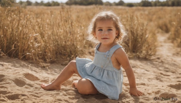 1girl,solo,looking at viewer,smile,short hair,blue eyes,blonde hair,dress,sitting,closed mouth,full body,outdoors,barefoot,sleeveless,blurry,flat chest,bare arms,sleeveless dress,blurry background,blue dress,arm support,beach,child,realistic,sand,female child,field,on ground,open mouth,brown hair,jewelry,white dress,sundress,dirty