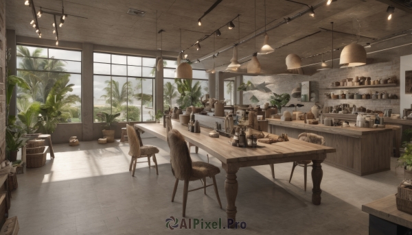 day,indoors,cup,no humans,window,shadow,bird,chair,table,sunlight,bottle,plant,box,scenery,drinking glass,wooden floor,basket,potted plant,lamp,stool,shelf,wine bottle,jar,counter,ceiling light,cabinet,sky,cloud,tree,tiles,tile floor,ceiling,barrel