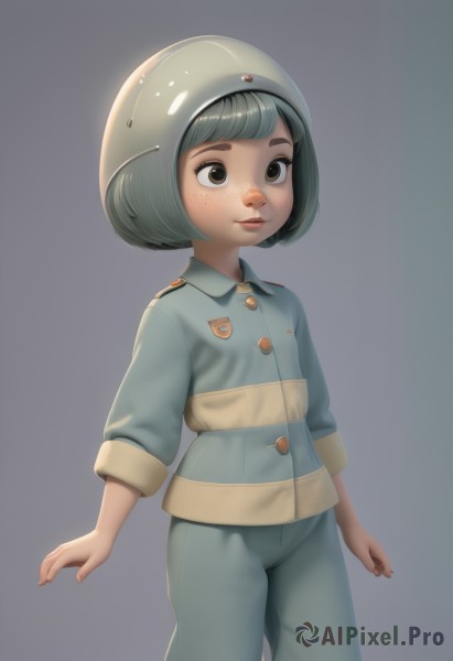 1girl,solo,looking at viewer,short hair,bangs,simple background,shirt,brown eyes,closed mouth,standing,grey hair,cowboy shot,green hair,pants,blunt bangs,grey background,flat chest,lips,buttons,helmet,child,freckles,arms at sides,female child,green pants,jacket,gradient,gradient background,bob cut,realistic