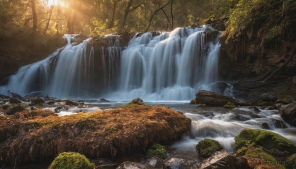 outdoors, day, water, tree, no humans, sunlight, nature, scenery, forest, river, waterfall, landscape