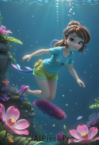 1girl,solo,long hair,looking at viewer,blush,smile,blue eyes,brown hair,shirt,hair ornament,brown eyes,jewelry,full body,flower,short sleeves,earrings,shoes,shorts,water,short shorts,sunlight,blue shirt,t-shirt,fish,bubble,light rays,rock,underwater,air bubble,sunbeam,yellow shorts,swimming,freediving,coral,holding breath,breasts,short hair,closed mouth,ponytail,hairband,small breasts,artist name,lips,watermark,thick eyebrows,sneakers,freckles,blue footwear,print shirt,dolphin shorts,submerged