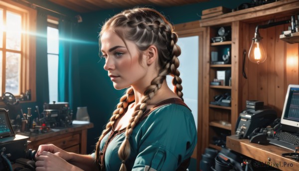 1girl,solo,long hair,breasts,blue eyes,brown hair,shirt,upper body,braid,short sleeves,indoors,twin braids,from side,lips,window,sunlight,blue shirt,realistic,nose,green shirt,lamp,computer,monitor,dress,jewelry,medium breasts,closed mouth,artist name,signature,necklace,book,chair,hair over shoulder,light rays,light