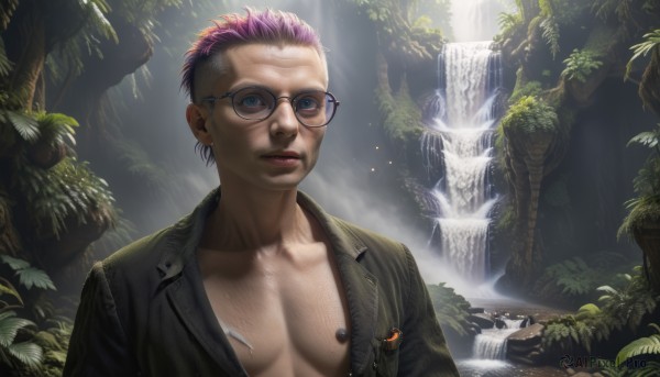 solo,looking at viewer,short hair,blue eyes,1boy,collarbone,jacket,upper body,pink hair,purple hair,male focus,multicolored hair,open clothes,glasses,water,open jacket,tree,lips,piercing,sunlight,nature,forest,black-framed eyewear,light rays,realistic,round eyewear,undercut,waterfall,1girl,breasts,two-tone hair,scar,very short hair