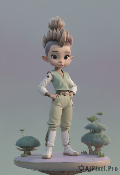 solo,looking at viewer,smile,simple background,brown hair,shirt,long sleeves,1boy,brown eyes,standing,full body,male focus,boots,pointy ears,belt,pants,dark skin,grey background,vest,gradient,gradient background,white footwear,plant,spiked hair,child,hands on hips,hands in pockets,male child,mushroom,mohawk,faux figurine,open mouth,artist name,tree,grass