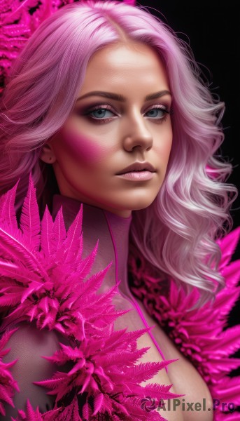 1girl,solo,long hair,breasts,looking at viewer,blue eyes,cleavage,jewelry,medium breasts,upper body,pink hair,parted lips,lips,grey eyes,clothing cutout,eyelashes,bodysuit,makeup,wavy hair,cleavage cutout,portrait,eyeshadow,pink lips,realistic,nose,simple background,closed mouth,green eyes,flower,earrings,artist name,turtleneck,watermark,expressionless,pink background,black background,eyeliner,pink theme,mascara