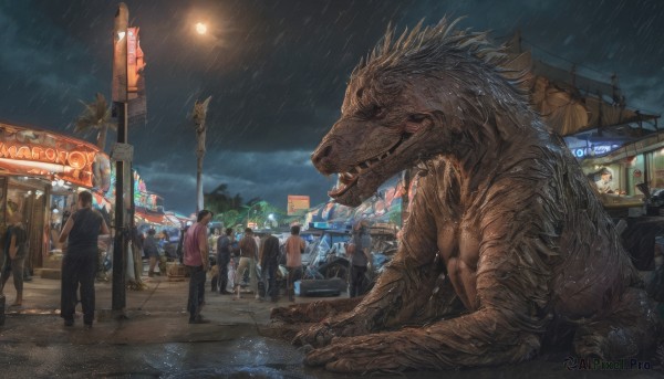 A monster surrounded by a captivating rainy outdoors