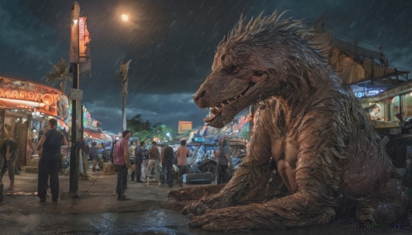 multiple girls,red eyes,outdoors,multiple boys,sky,teeth,cloud,bag,tree,wet,night,cloudy sky,sharp teeth,ground vehicle,building,motor vehicle,rain,6+boys,monster,city,sign,car,lamppost,street,crowd,open mouth,umbrella,moon,night sky,scenery,walking,fantasy,dragon,road,people,storefront