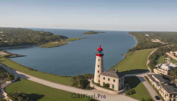 outdoors,sky,day,water,tree,blue sky,no humans,ocean,beach,grass,building,scenery,horizon,road,watercraft,house,bridge,river,tower,boat,landscape,lake,nature,sand,bush,castle,shore,traffic cone,lighthouse