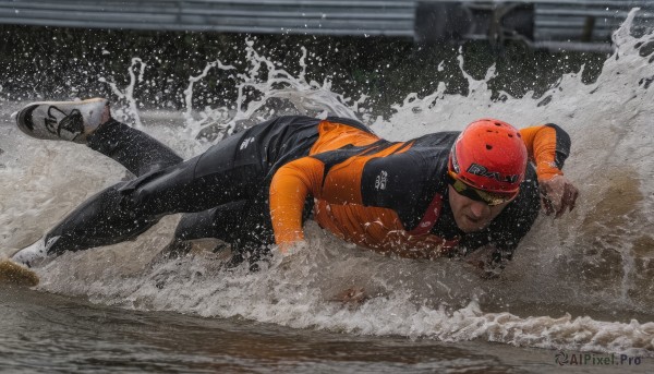 solo,looking at viewer,long sleeves,1boy,jacket,full body,male focus,outdoors,lying,shoes,pants,dark skin,water,blurry,wet,bodysuit,blurry background,black pants,white footwear,dark-skinned male,helmet,goggles,sneakers,sportswear,realistic,splashing,waves,photo background,orange headwear,short hair,gloves,closed mouth,ocean,red headwear,multicolored clothes,running