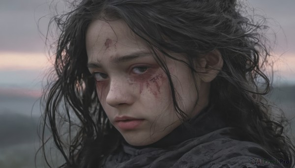 1girl,solo,long hair,looking at viewer,black hair,closed mouth,outdoors,scarf,blurry,black eyes,lips,blood,depth of field,blurry background,expressionless,messy hair,portrait,freckles,injury,blood on face,realistic,nose,dirty face,grey scarf,floating hair,wind,close-up