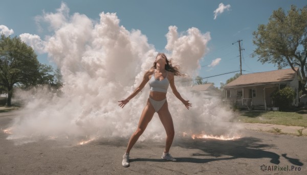 1girl,solo,long hair,breasts,brown hair,black hair,navel,cleavage,medium breasts,underwear,standing,panties,full body,outdoors,sky,shoes,day,midriff,cloud,white panties,tree,blue sky,floating hair,shadow,white footwear,cloudy sky,grass,building,sneakers,smoke,sports bra,road,house,power lines,utility pole,sports bikini,white sports bra,bra,underwear only,tank top,outstretched arms,fire,ground vehicle,scenery,white bra,spread arms,street