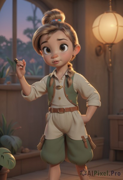 1girl,solo,long hair,looking at viewer,smile,brown hair,shirt,holding,brown eyes,standing,white shirt,braid,parted lips,shorts,barefoot,collared shirt,belt,indoors,medium hair,blurry,vest,twin braids,hand on hip,window,depth of field,blurry background,thick eyebrows,plant,child,freckles,lantern,hair tie,female child,potted plant,lamp,green shorts,green pants,hair ornament,long sleeves,ponytail,artist name,lips,single braid,watermark,arm behind back,brown belt,coin