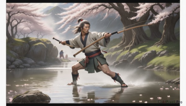 solo,long hair,smile,brown hair,black hair,1boy,holding,standing,ponytail,weapon,male focus,outdoors,japanese clothes,multiple boys,solo focus,sword,2boys,water,holding weapon,tree,sash,muscular,facial hair,holding sword,sandals,katana,cherry blossoms,beard,reflection,rain,legs apart,rock,fighting stance,toeless legwear,ripples,river,topknot,wooden sword,1girl,kimono,petals,letterboxed,sheath,scenery,lake,pond