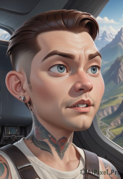 solo,short hair,blue eyes,brown hair,shirt,1boy,jewelry,white shirt,male focus,earrings,outdoors,parted lips,sky,teeth,day,cloud,blue sky,lips,tattoo,facial hair,piercing,ear piercing,portrait,freckles,mountain,nose,stubble,arm tattoo,shoulder tattoo,neck tattoo,1girl,artist name,tank top,beard,close-up,realistic,very short hair,undercut