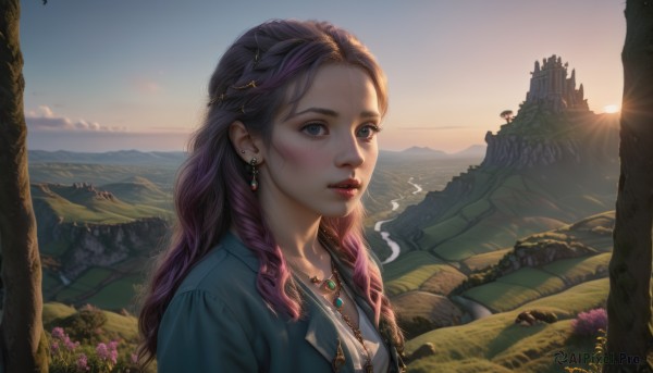 1girl,solo,long hair,breasts,looking at viewer,blush,blue eyes,shirt,hair ornament,jewelry,jacket,upper body,purple hair,braid,flower,multicolored hair,earrings,outdoors,parted lips,sky,cloud,signature,necklace,tree,lips,grey eyes,eyelashes,gradient hair,makeup,sunlight,grass,lipstick,gem,scenery,pendant,smoke,freckles,sunset,cigarette,mountain,nose,sun,smoking,red lips,river,mountainous horizon,denim jacket,water,ocean,nature,realistic,landscape,sunrise