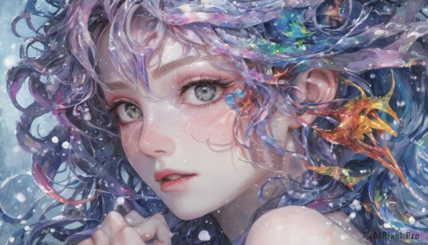 1girl,solo,long hair,looking at viewer,bangs,bare shoulders,blue hair,purple hair,parted lips,water,lips,grey eyes,eyelashes,floating hair,portrait,close-up,fish,bubble,underwater,air bubble,goldfish,hair between eyes,green eyes,multicolored hair,teeth,heterochromia,realistic,nose