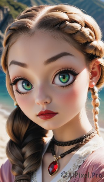 1girl,solo,long hair,looking at viewer,blush,blonde hair,brown hair,jewelry,closed mouth,green eyes,collarbone,upper body,braid,earrings,outdoors,choker,day,artist name,necklace,blurry,lips,eyelashes,single braid,makeup,depth of field,blurry background,beach,thick eyebrows,lipstick,gem,portrait,hair over shoulder,close-up,forehead,pendant,freckles,pink shirt,red lips,mascara,multiple braids,dress,signature,twin braids,sunlight,lace trim,lace,eyeshadow,backlighting,realistic,nose