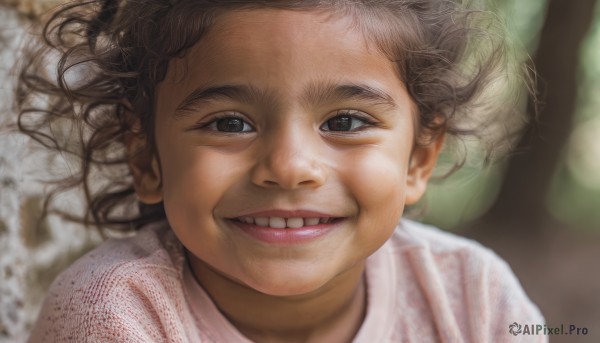 1girl,solo,looking at viewer,smile,open mouth,brown hair,shirt,brown eyes,white shirt,outdoors,teeth,grin,blurry,black eyes,lips,depth of field,blurry background,child,portrait,realistic,female child,1boy,male focus,tree,messy hair,close-up