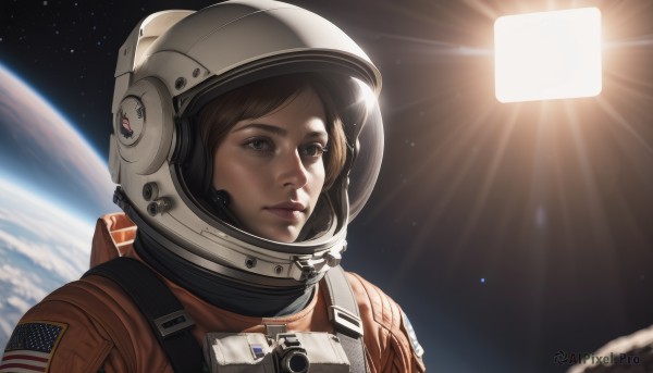 1girl,solo,short hair,brown hair,brown eyes,upper body,lips,moon,helmet,star (sky),lens flare,science fiction,realistic,nose,sun,light,space,planet,earth (planet),spacecraft,spacesuit,space helmet,astronaut,closed mouth,backpack,portrait,american flag,united states