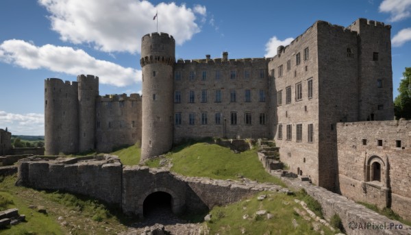 outdoors,sky,day,cloud,tree,blue sky,no humans,window,bird,cloudy sky,grass,building,scenery,rock,ruins