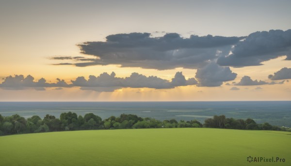 outdoors,sky,day,cloud,water,tree,blue sky,no humans,ocean,sunlight,cloudy sky,grass,nature,scenery,sunset,horizon,landscape,beach,sun,green theme,island