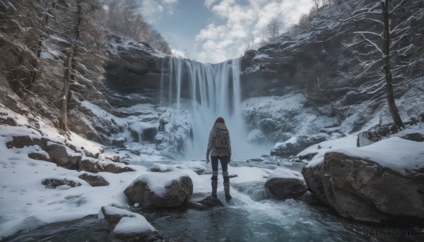 1girl, solo, standing, weapon, boots, outdoors, sky, day, sword, cloud, water, bag, from behind, tree, backpack, nature, scenery, snow, rock, mountain, waterfall