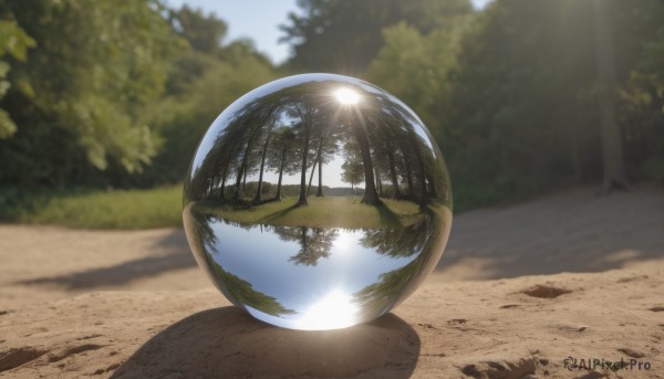 outdoors,sky,day,cloud,blurry,tree,blue sky,no humans,depth of field,blurry background,shadow,sunlight,grass,nature,scenery,lens flare,forest,reflection,sun,road,bush,ball