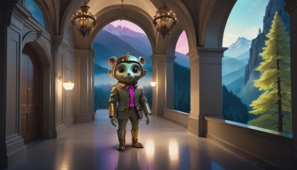 solo,looking at viewer,shirt,1boy,animal ears,standing,jacket,full body,male focus,outdoors,open clothes,sky,pants,indoors,hood,open jacket,tree,black pants,claws,furry,reflection,pink shirt,brown jacket,lantern,mountain,purple shirt,light,lamp,furry male,green pants,bear,open mouth,gloves,boots,necktie,shorts,teeth,black footwear,black eyes,vest,animal,helmet,scenery,pillar