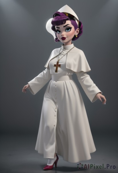 1girl,solo,breasts,looking at viewer,short hair,blue eyes,long sleeves,hat,dress,jewelry,standing,full body,purple hair,earrings,parted lips,shoes,grey background,necklace,nail polish,white dress,high heels,lips,makeup,capelet,white headwear,thick eyebrows,cross,lipstick,red footwear,black nails,pendant,eyeshadow,freckles,nurse cap,long dress,red lips,cross necklace,white capelet,purple lips,blush,bangs,medium breasts,small breasts,teeth,wide sleeves,fingernails,eyelashes,single hair bun,white socks,nose,cross earrings,updo,stiletto heels