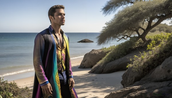 HQ,solo,short hair,black hair,long sleeves,1boy,jewelry,closed mouth,standing,male focus,outdoors,sky,day,water,necklace,tree,facial hair,ocean,beach,plant,nature,scenery,robe,rock,realistic,sand,looking afar,brown hair,dark skin,tattoo,dark-skinned male