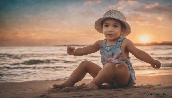 1girl,solo,looking at viewer,smile,short hair,black hair,hat,dress,sitting,full body,outdoors,sky,barefoot,sleeveless,cloud,dark skin,water,blurry,black eyes,dark-skinned female,lips,blurry background,ocean,beach,outstretched arms,child,sunset,realistic,sand,straw hat,horizon,female child,overalls,dirty,dirty feet,1boy,male focus,male child,naked overalls