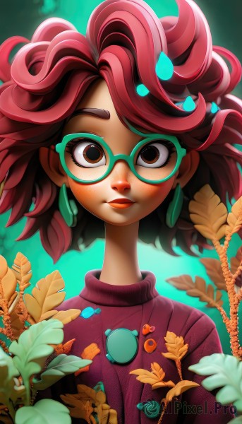 1girl,solo,looking at viewer,short hair,bangs,brown eyes,jewelry,closed mouth,upper body,pink hair,red hair,earrings,parted lips,glasses,artist name,dark skin,medium hair,necklace,sweater,dark-skinned female,lips,makeup,turtleneck,leaf,watermark,plant,lipstick,freckles,curly hair,round eyewear,green-framed eyewear,brown hair,blurry,eyelashes,messy hair,web address,nose,badge,pink sweater,button badge