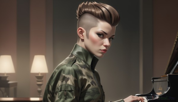 solo,looking at viewer,blush,short hair,brown hair,1boy,brown eyes,closed mouth,jacket,upper body,male focus,indoors,uniform,from side,cup,lips,military,military uniform,green jacket,realistic,nose,lamp,very short hair,undercut,camouflage,mohawk,camouflage jacket,1girl,holding,instrument,piano,soldier,desk lamp