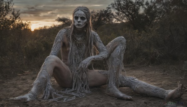 1girl,solo,long hair,breasts,looking at viewer,jewelry,sitting,full body,outdoors,sky,barefoot,spread legs,necklace,tree,mask,colored skin,nature,claws,pelvic curtain,forest,skull,sunset,on ground,dirty,dirty feet,medium breasts,nude,cloud,hood,feet,toes,cloudy sky,realistic,bodypaint,tribal