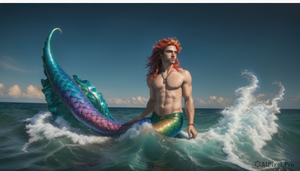 solo,long hair,looking at viewer,1boy,navel,jewelry,sitting,male focus,red hair,earrings,outdoors,sky,day,cloud,water,necklace,orange hair,bracelet,muscular,ocean,scar,abs,cloudy sky,pectorals,toned,topless male,realistic,scales,toned male,waves,monster boy,nipples,full body,stomach,looking to the side,facial hair,muscular male,bara,beard,large pectorals,mature male,navel hair,fins,surfboard