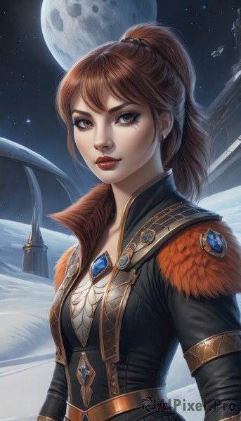 1girl,solo,long hair,breasts,looking at viewer,brown hair,long sleeves,brown eyes,jewelry,medium breasts,jacket,upper body,ponytail,earrings,outdoors,sky,artist name,signature,mole,lips,fur trim,makeup,night,moon,high ponytail,lipstick,brooch,gem,star (sky),night sky,snow,full moon,starry sky,nose,red lips,bangs,closed mouth,eyelashes,high collar,space,planet,spacecraft,feather trim