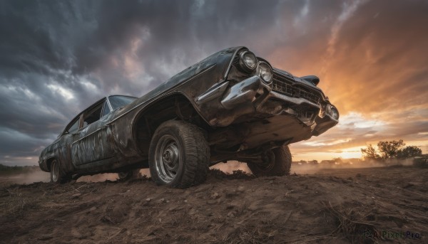 outdoors,sky,cloud,tree,no humans,cloudy sky,grass,ground vehicle,scenery,motor vehicle,sunset,realistic,car,vehicle focus,wheel,tire,nature,evening,sports car