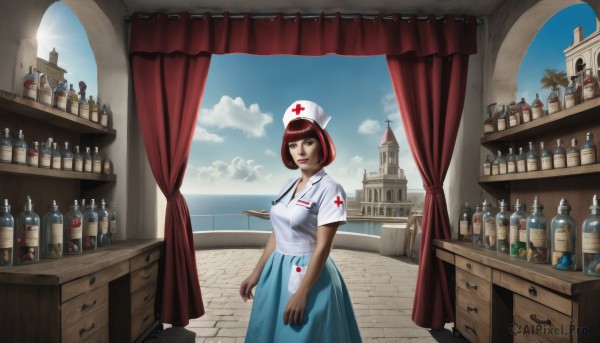 1girl,solo,breasts,looking at viewer,smile,short hair,bangs,skirt,large breasts,brown hair,shirt,hat,dress,brown eyes,medium breasts,standing,short sleeves,red hair,sky,day,cloud,indoors,blunt bangs,black eyes,apron,tree,blue sky,lips,blue skirt,window,ocean,table,bob cut,bottle,cross,curtains,nurse cap,palm tree,potted plant,nurse,syringe,wine bottle,red cross,mole under eye,scenery