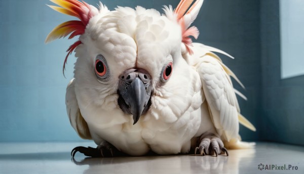 HQ,looking at viewer,red eyes,indoors,blurry,no humans,bird,animal,feathers,reflection,realistic,animal focus,owl,talons,white feathers,beak,solo,standing,full body,wings,pokemon (creature),window,claws,chicken,year of the rooster