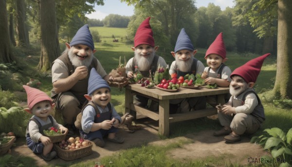 smile,open mouth,shirt,hat,holding,sitting,white shirt,male focus,outdoors,food,multiple boys,shoes,day,pointy ears,pants,apron,vest,tree,fruit,facial hair,brown footwear,eating,table,squatting,grass,child,nature,beard,forest,6+boys,mustache,basket,overalls,5boys,male child,mushroom,old,old man,sky,striped,blue sky,animal,plant,realistic,fantasy,pink headwear,bald,blue vest,grapes